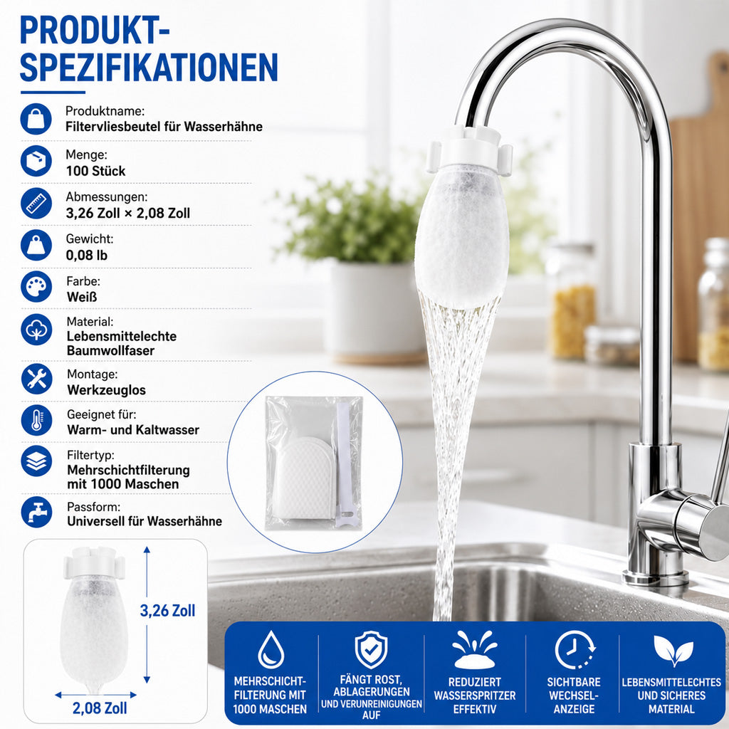 Sommer-Sale🔥🐟 LETZTER TAG: 50% RABATT ENDET HEUTE NACHT! | BVJ® 100er-Pack Universelle, spritzwassergeschützte Filterwatte-Beutel für Wasserhähne